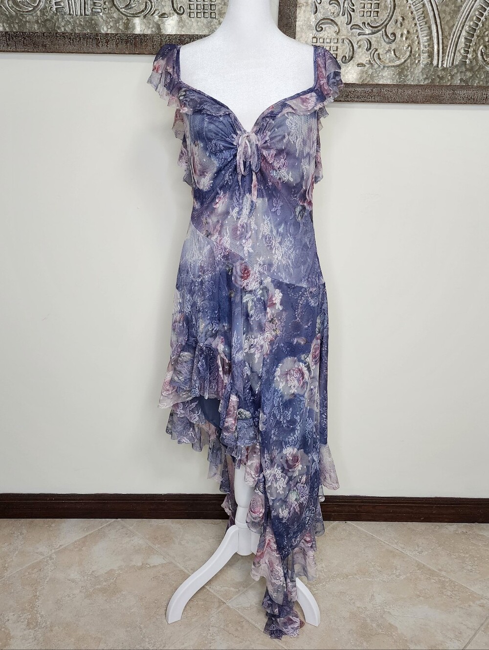 Urban Outfitters Misty Blue & Purple Floral Lace Whimsical Asymmetrical Dress L
